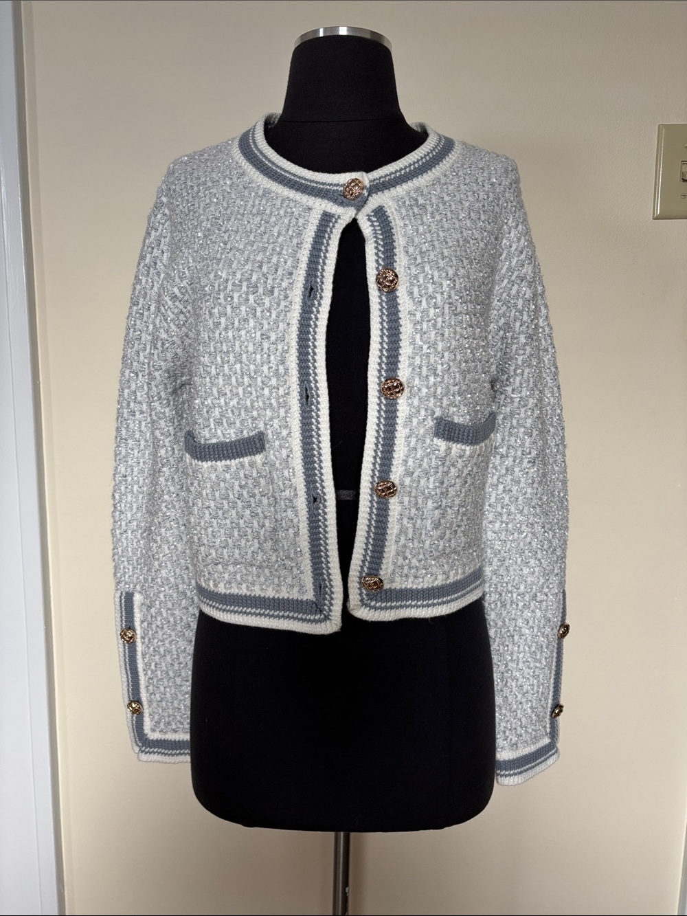 Chunky Cropped Blazer Cardigan Metal Buttons in Light Blue and White Like New